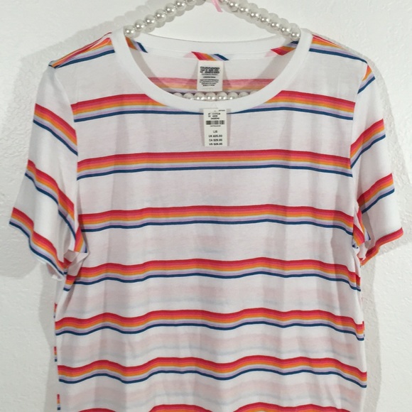 Pink Victoria’s Secret Crew Tee White Rainbow New - Picture 4 of 9